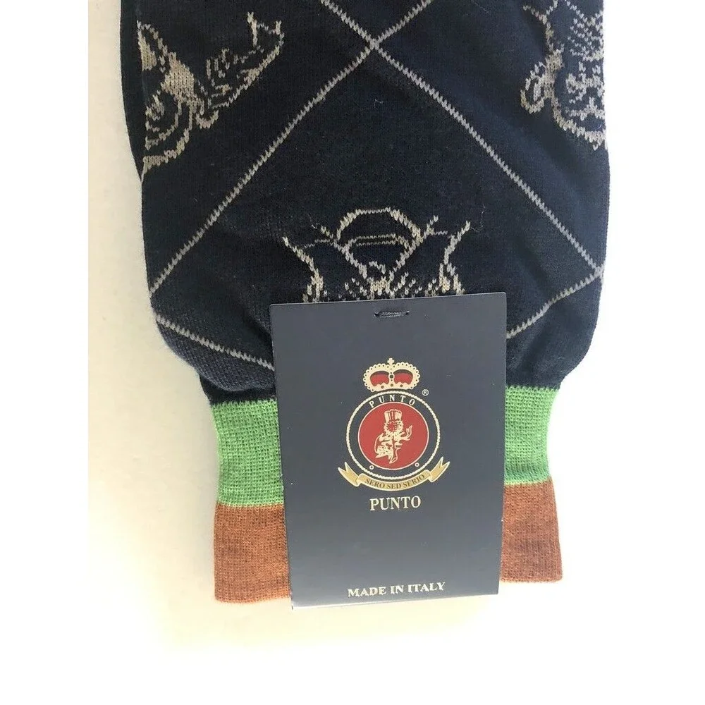 Punto Mens Dress Socks 10-13 Egyptian Cotton Navy Blue Wise Monkeys Italian